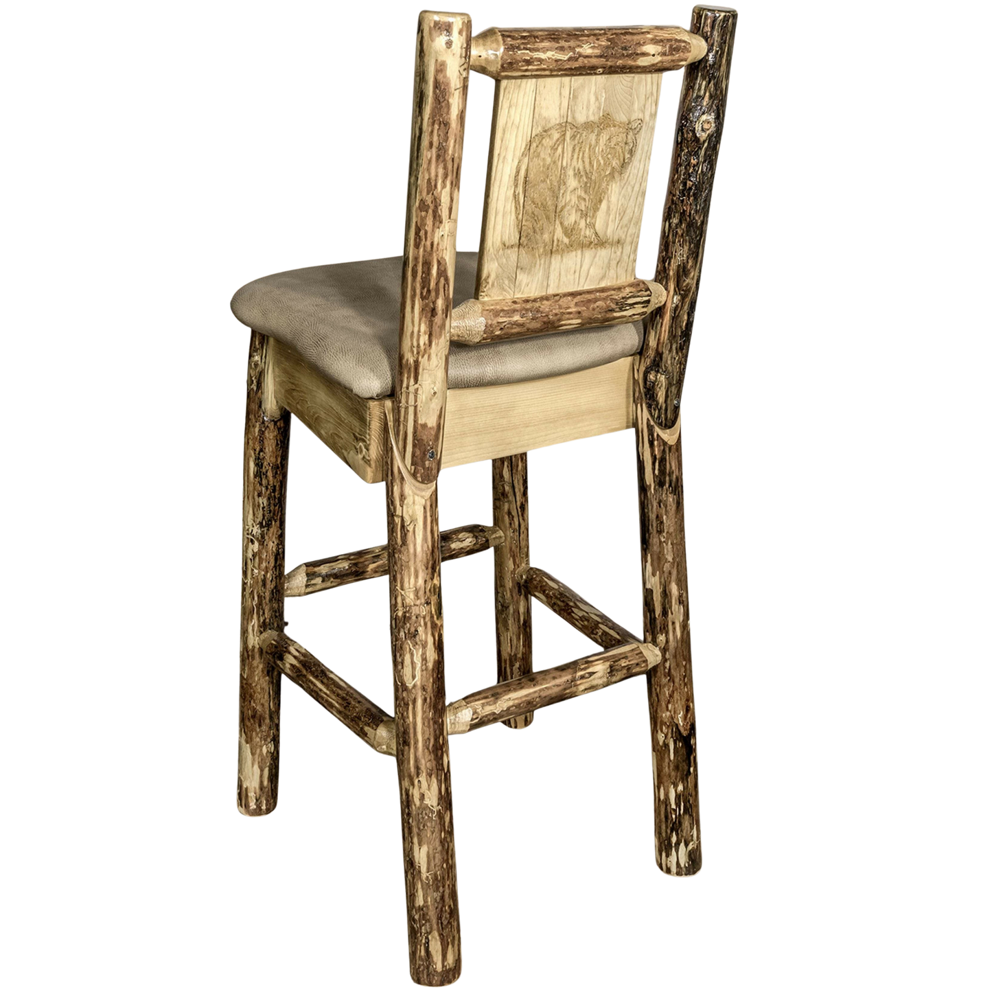 Montana Woodworks Glacier Country Kollektion Rückenunterstützter Barhocker mit Lasergravurdesign - Buckskin Polsterung