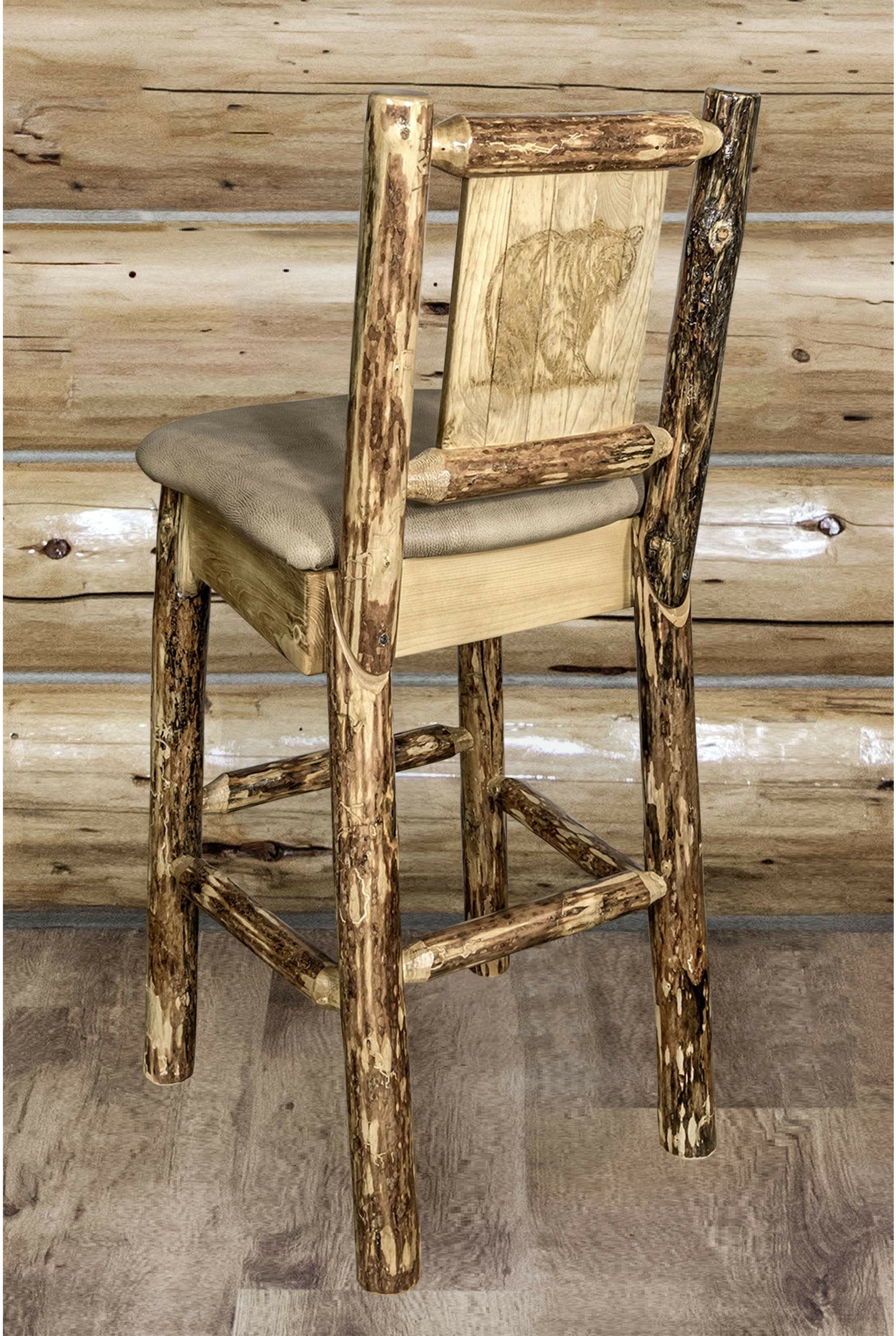 Montana Woodworks Glacier Country Kollektion Rückenunterstützter Barhocker mit Lasergravurdesign - Buckskin Polsterung