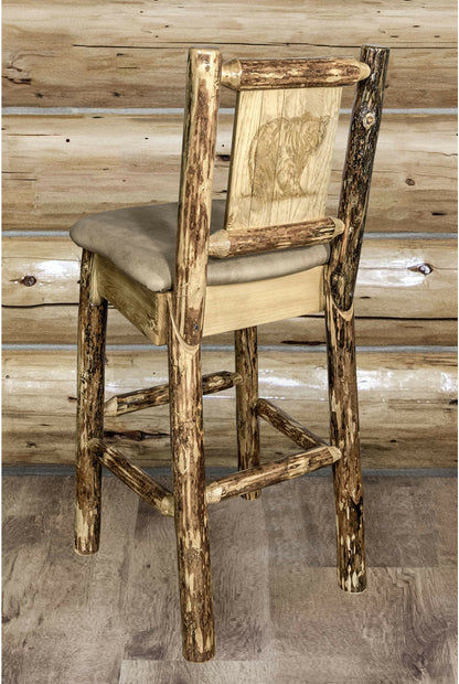 Montana Woodworks Glacier Country Kollektion Rückenunterstützter Barhocker mit Lasergravurdesign - Buckskin Polsterung