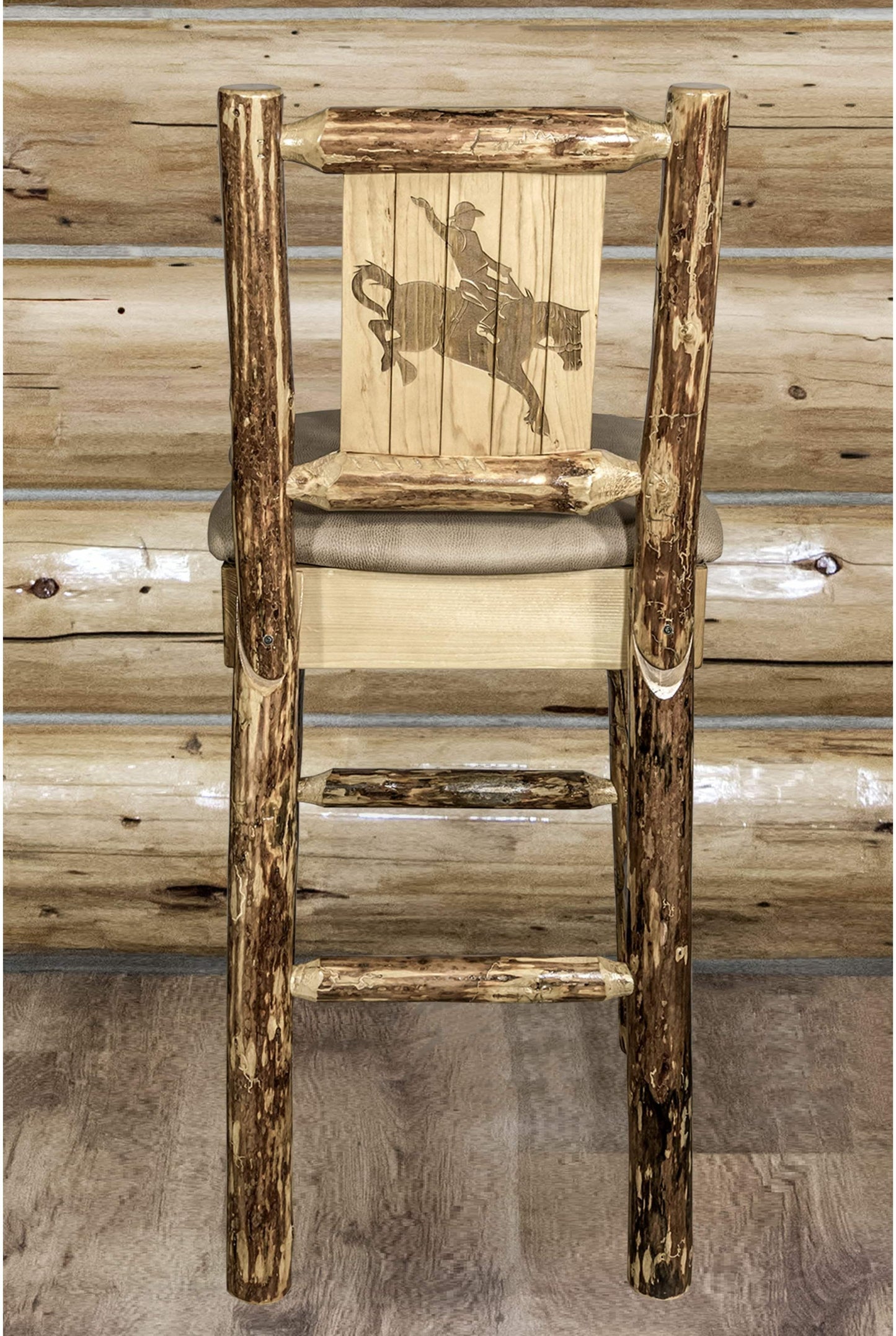 Montana Woodworks Glacier Country Kollektion Rückenunterstützter Barhocker mit Lasergravurdesign - Buckskin Polsterung