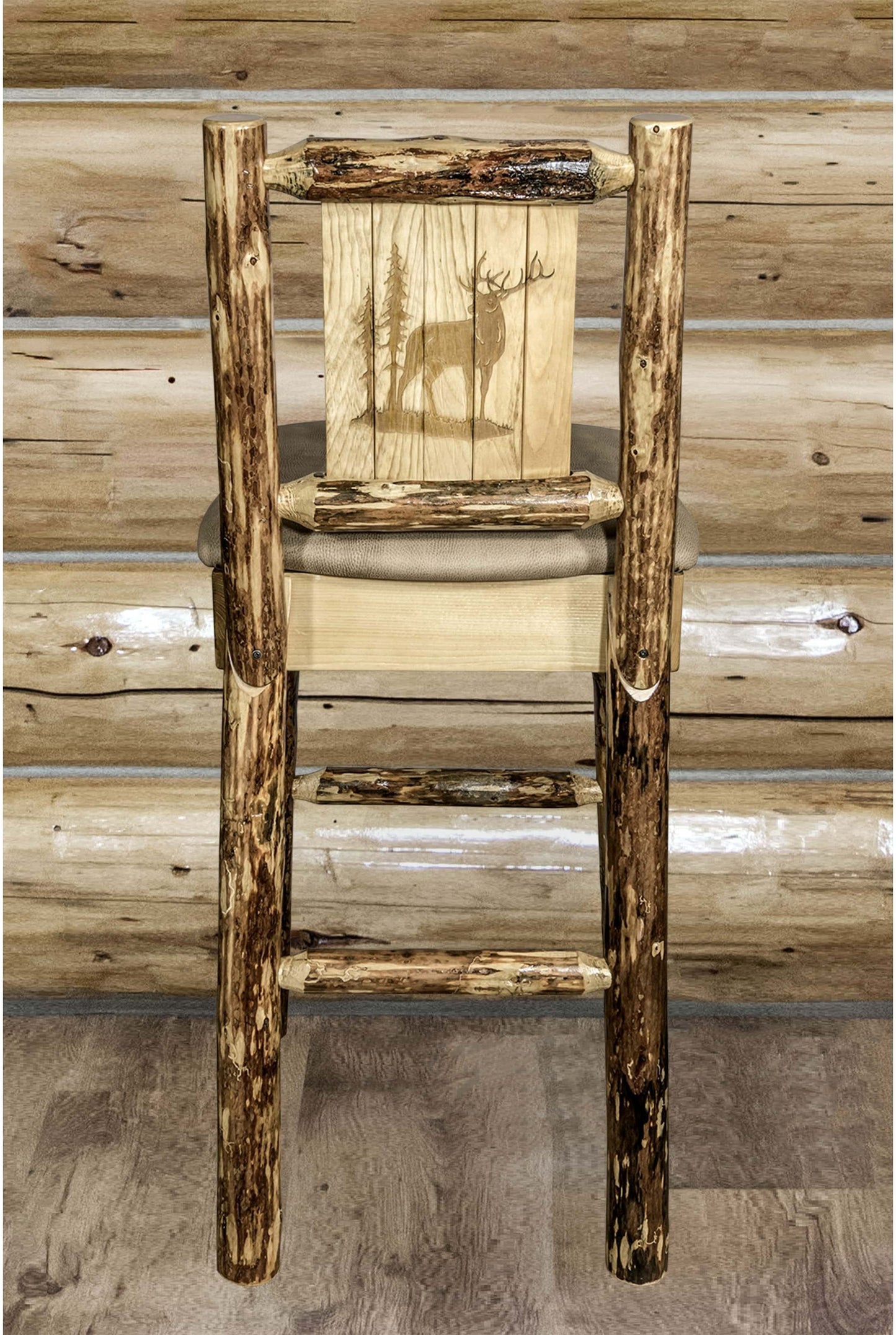 Montana Woodworks Glacier Country Kollektion Rückenunterstützter Barhocker mit Lasergravurdesign - Buckskin Polsterung