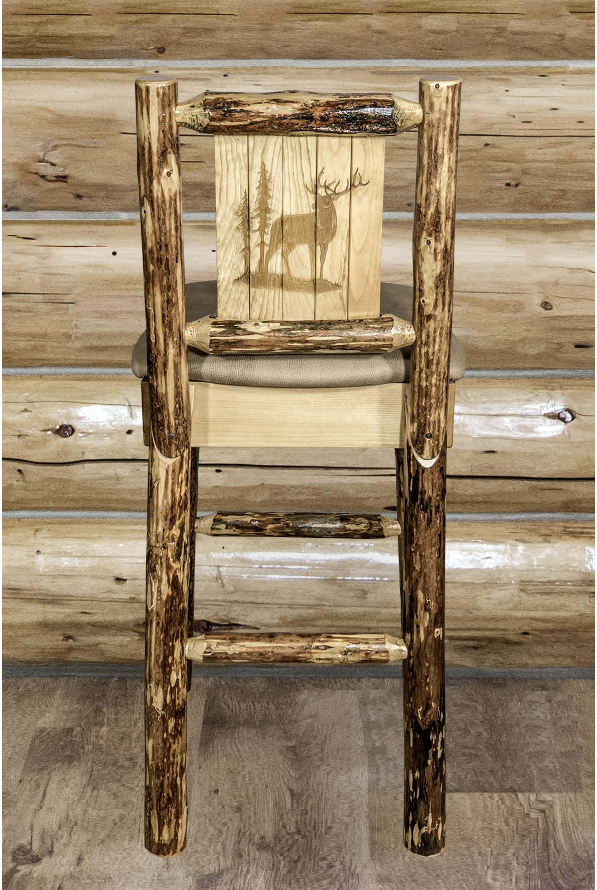 Montana Woodworks Glacier Country Kollektion Rückenunterstützter Barhocker mit Lasergravurdesign - Buckskin Polsterung