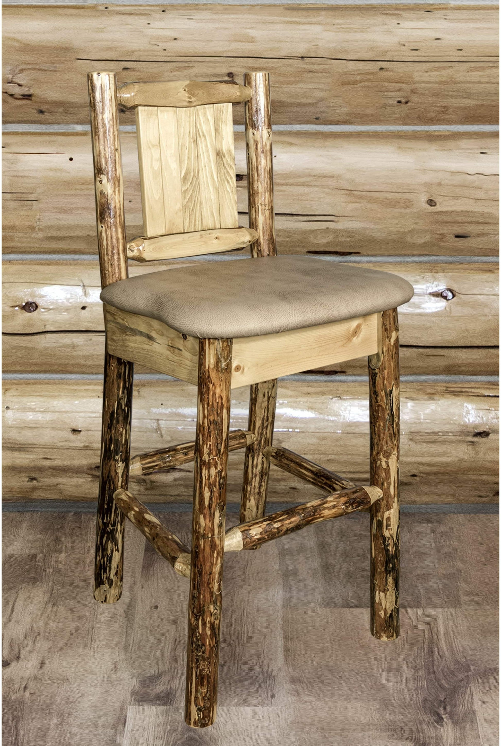 Montana Woodworks Glacier Country Kollektion Rückenunterstützter Barhocker mit Lasergravurdesign - Buckskin Polsterung