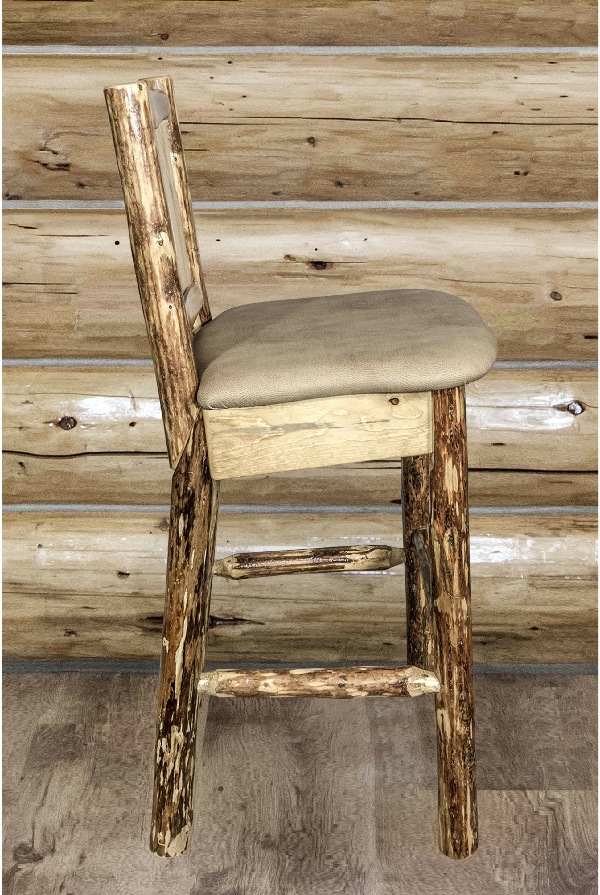Montana Woodworks Glacier Country Kollektion Rückenunterstützter Barhocker mit Lasergravurdesign - Buckskin Polsterung