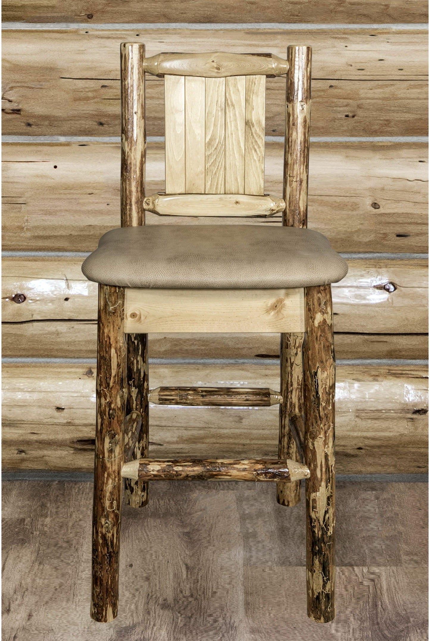 Montana Woodworks Glacier Country Kollektion Rückenunterstützter Barhocker mit Lasergravurdesign - Buckskin Polsterung