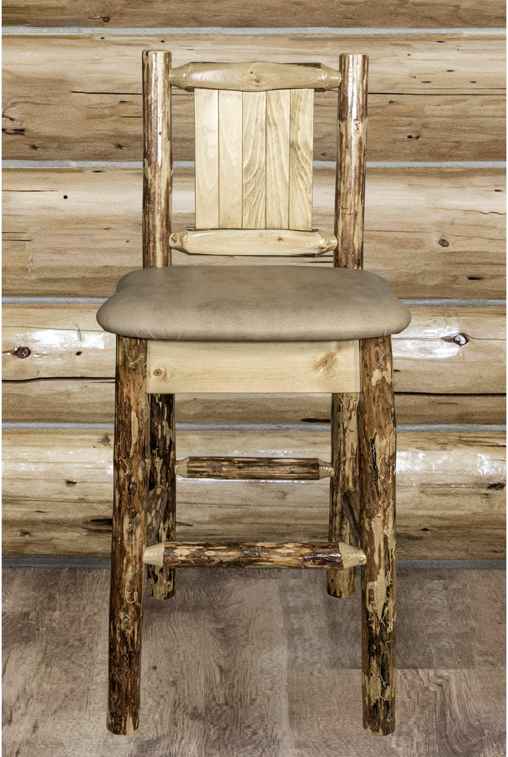 Montana Woodworks Glacier Country Kollektion Rückenunterstützter Barhocker mit Lasergravurdesign - Buckskin Polsterung