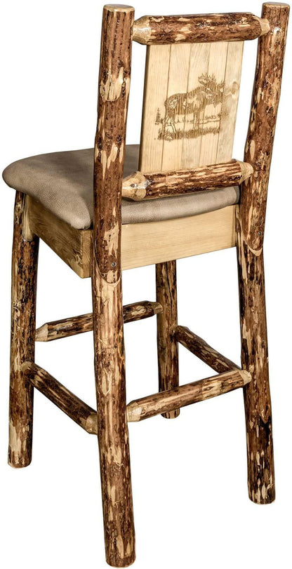 Montana Woodworks Glacier Country Kollektion Rückenunterstützter Barhocker mit Lasergravurdesign - Buckskin Polsterung