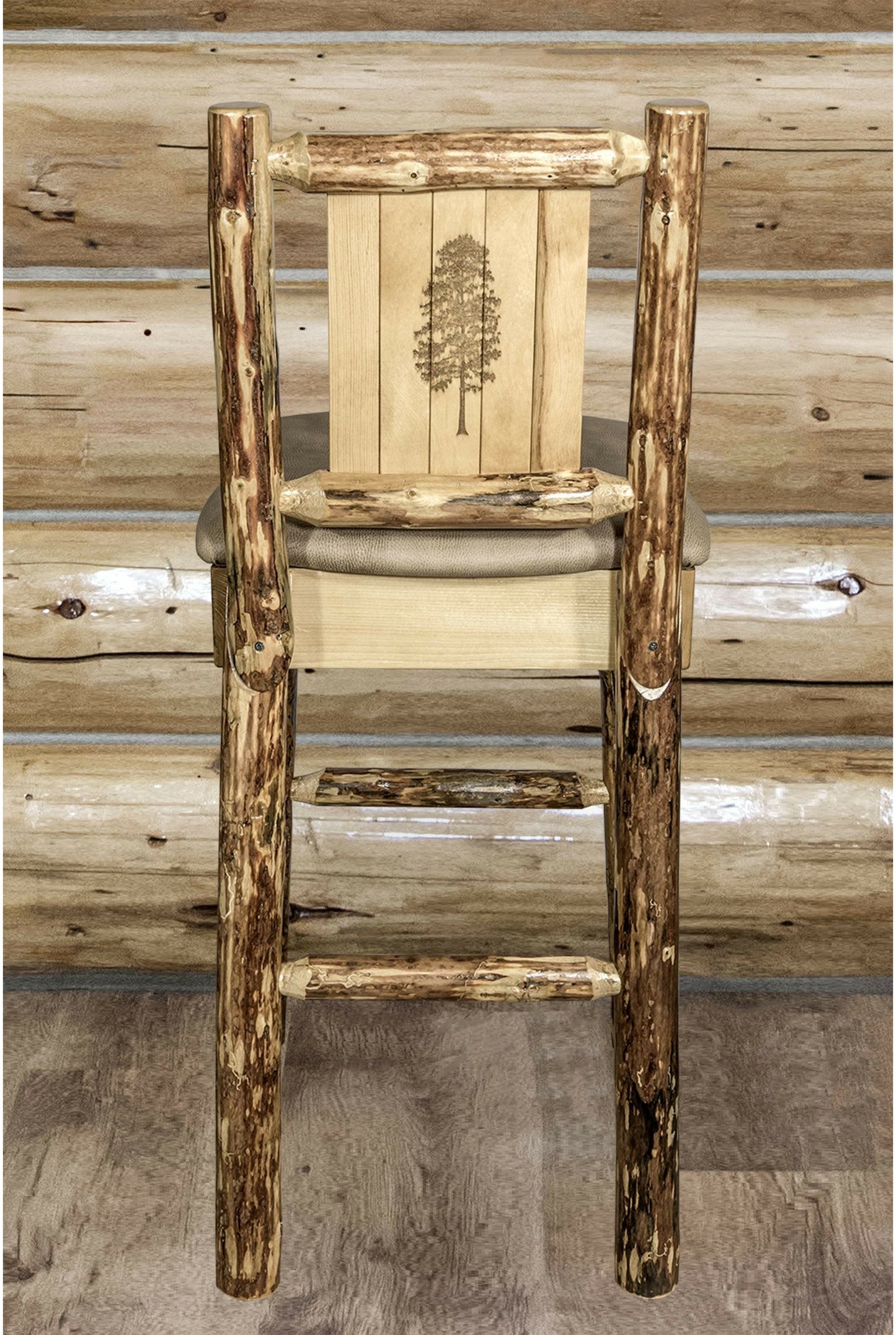 Montana Woodworks Glacier Country Kollektion Rückenunterstützter Barhocker mit Lasergravurdesign - Buckskin Polsterung