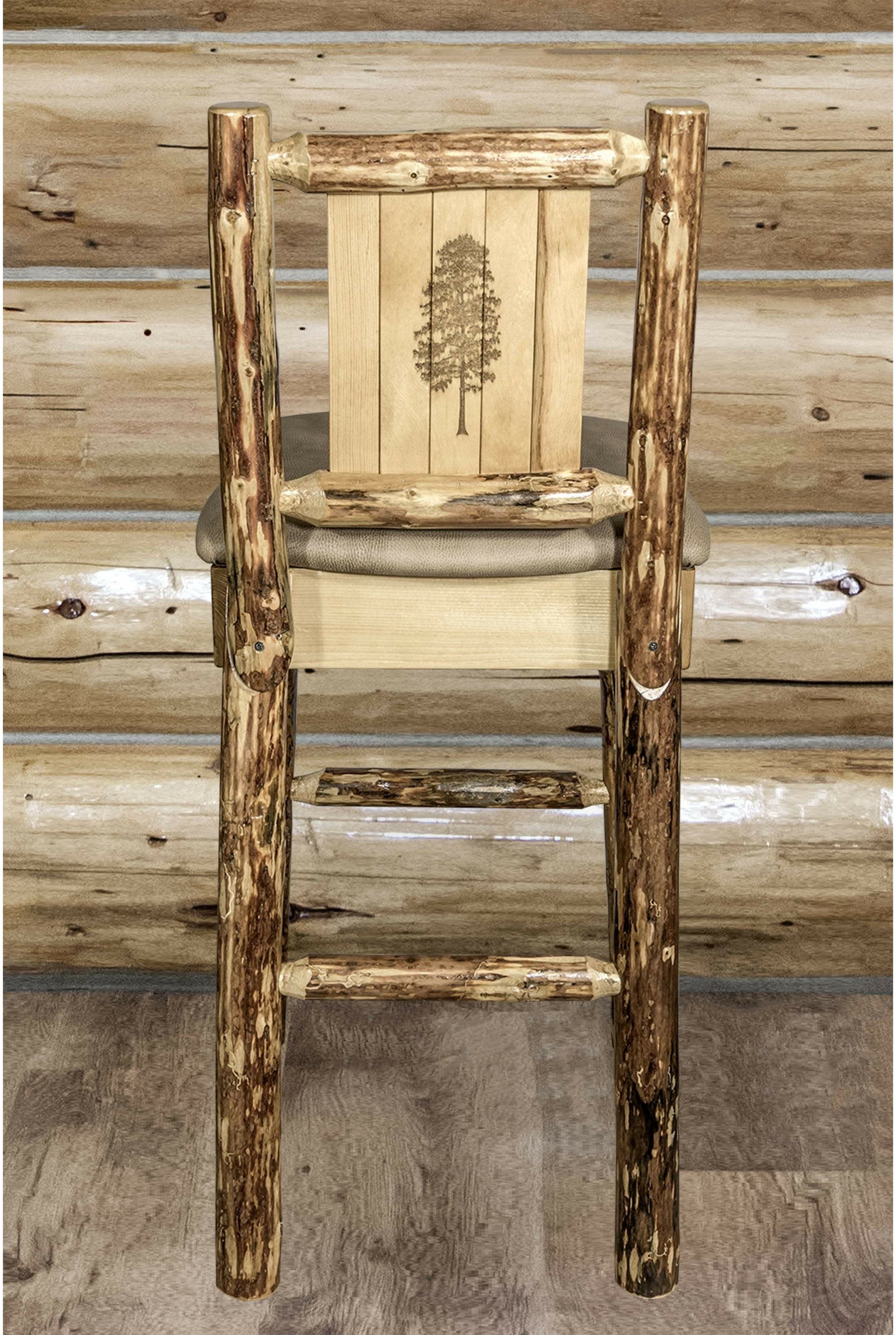 Montana Woodworks Glacier Country Kollektion Rückenunterstützter Barhocker mit Lasergravurdesign - Buckskin Polsterung