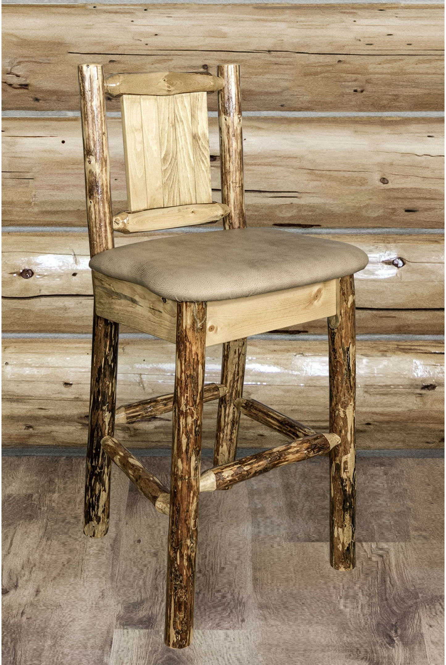 Montana Woodworks Glacier Country Kollektion Rückenunterstützter Barhocker mit Lasergravurdesign - Buckskin Polsterung