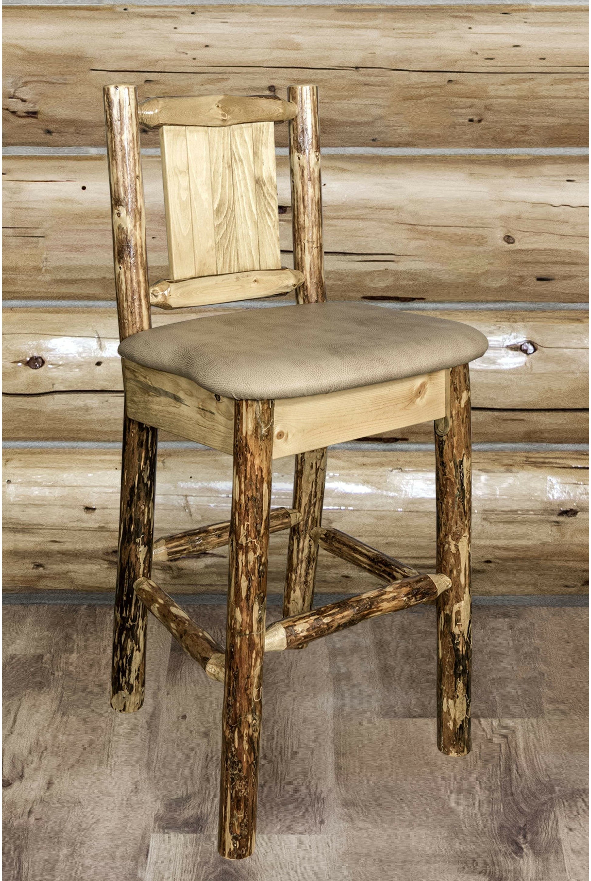 Montana Woodworks Glacier Country Kollektion Rückenunterstützter Barhocker mit Lasergravurdesign - Buckskin Polsterung