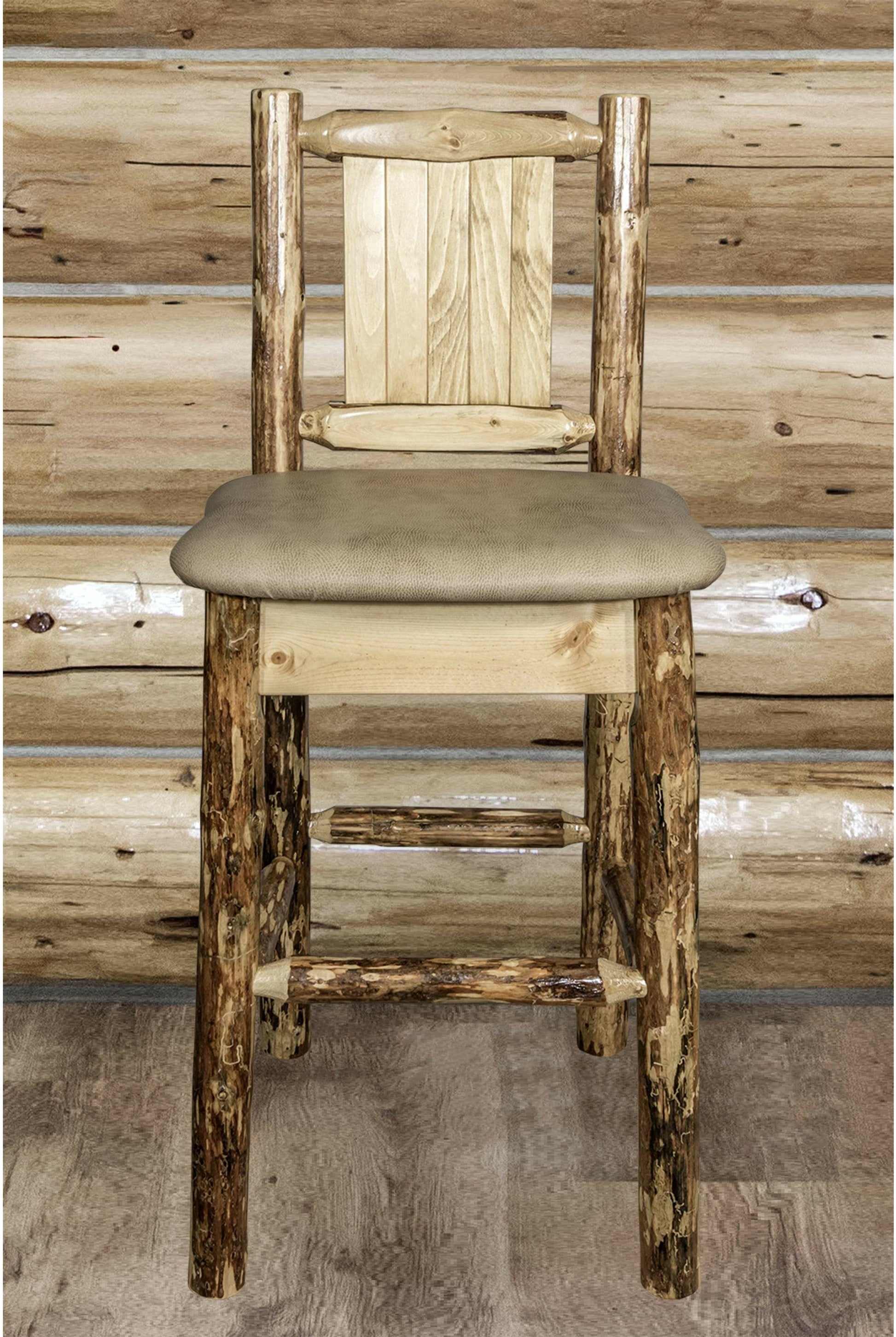 Montana Woodworks Glacier Country Kollektion Rückenunterstützter Barhocker mit Lasergravurdesign - Buckskin Polsterung
