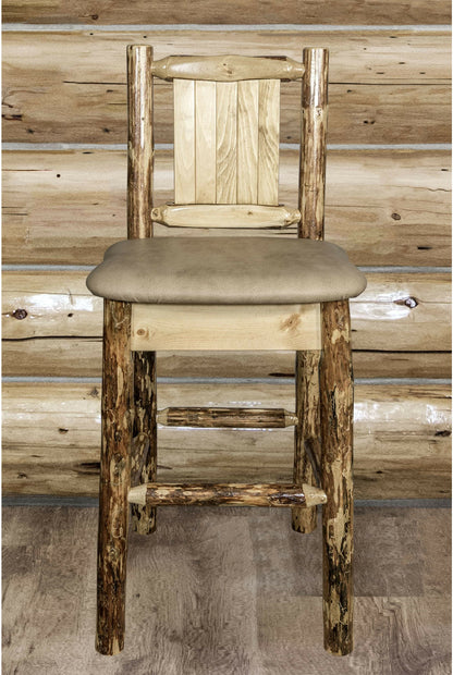 Montana Woodworks Glacier Country Kollektion Rückenunterstützter Barhocker mit Lasergravurdesign - Buckskin Polsterung