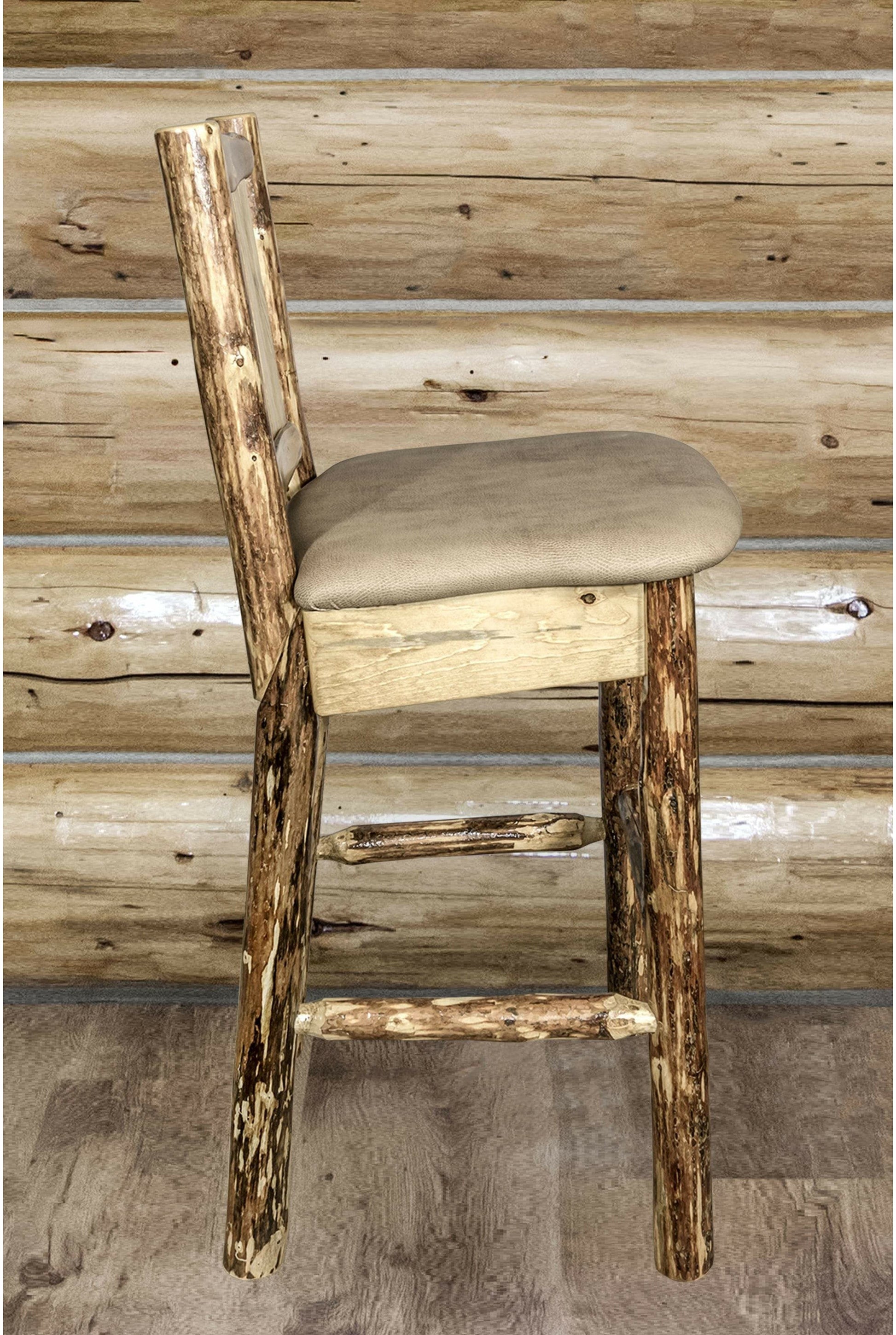 Montana Woodworks Glacier Country Kollektion Rückenunterstützter Barhocker mit Lasergravurdesign - Buckskin Polsterung
