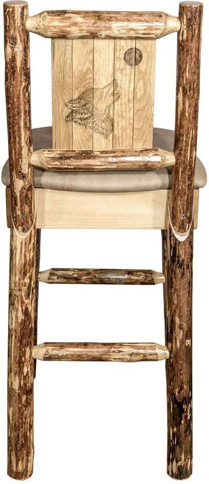 Montana Woodworks Glacier Country Kollektion Rückenunterstützter Barhocker mit Lasergravurdesign - Buckskin Polsterung