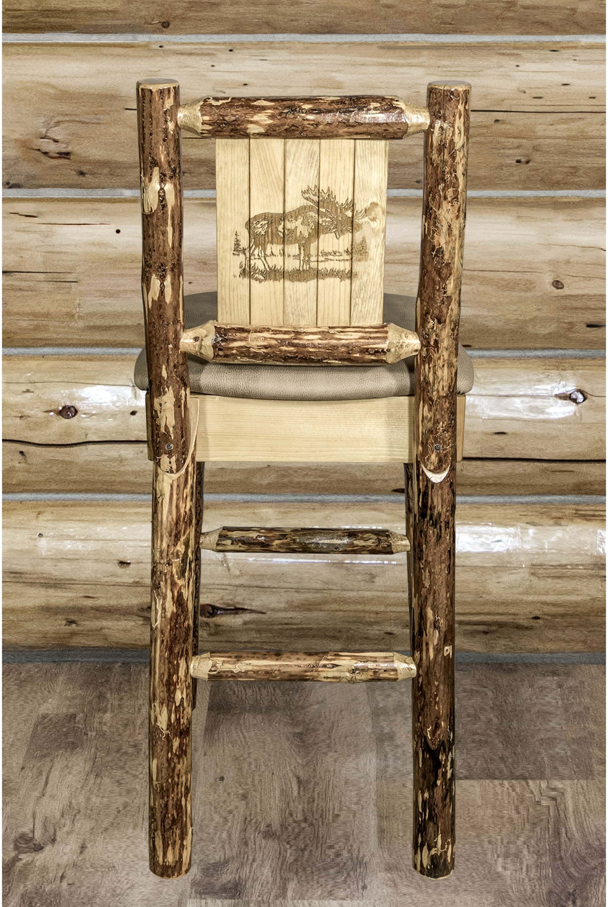 Montana Woodworks Glacier Country Kollektion Rückenunterstützter Barhocker mit Lasergravurdesign - Buckskin Polsterung