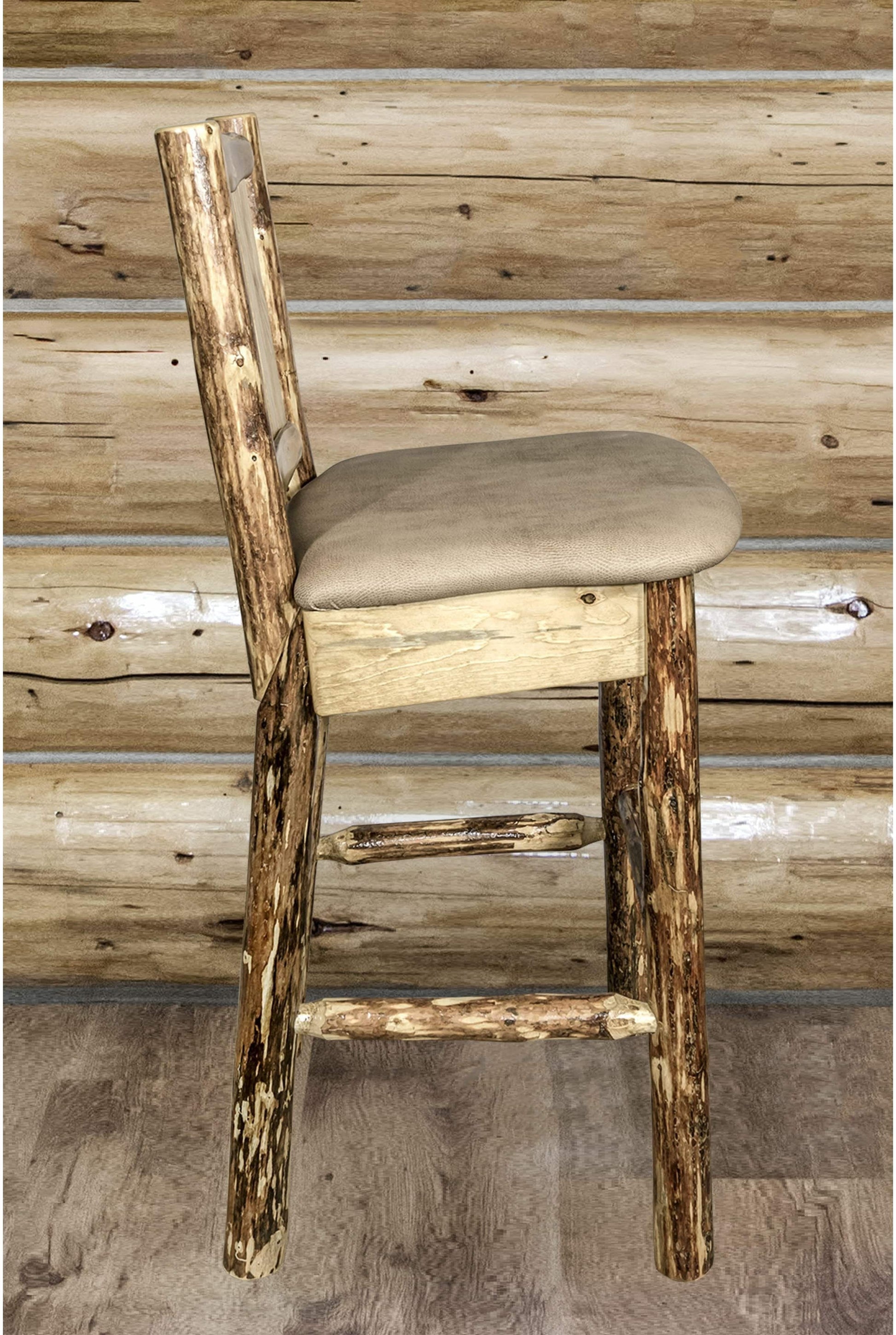 Montana Woodworks Glacier Country Kollektion Rückenunterstützter Barhocker mit Lasergravurdesign - Buckskin Polsterung