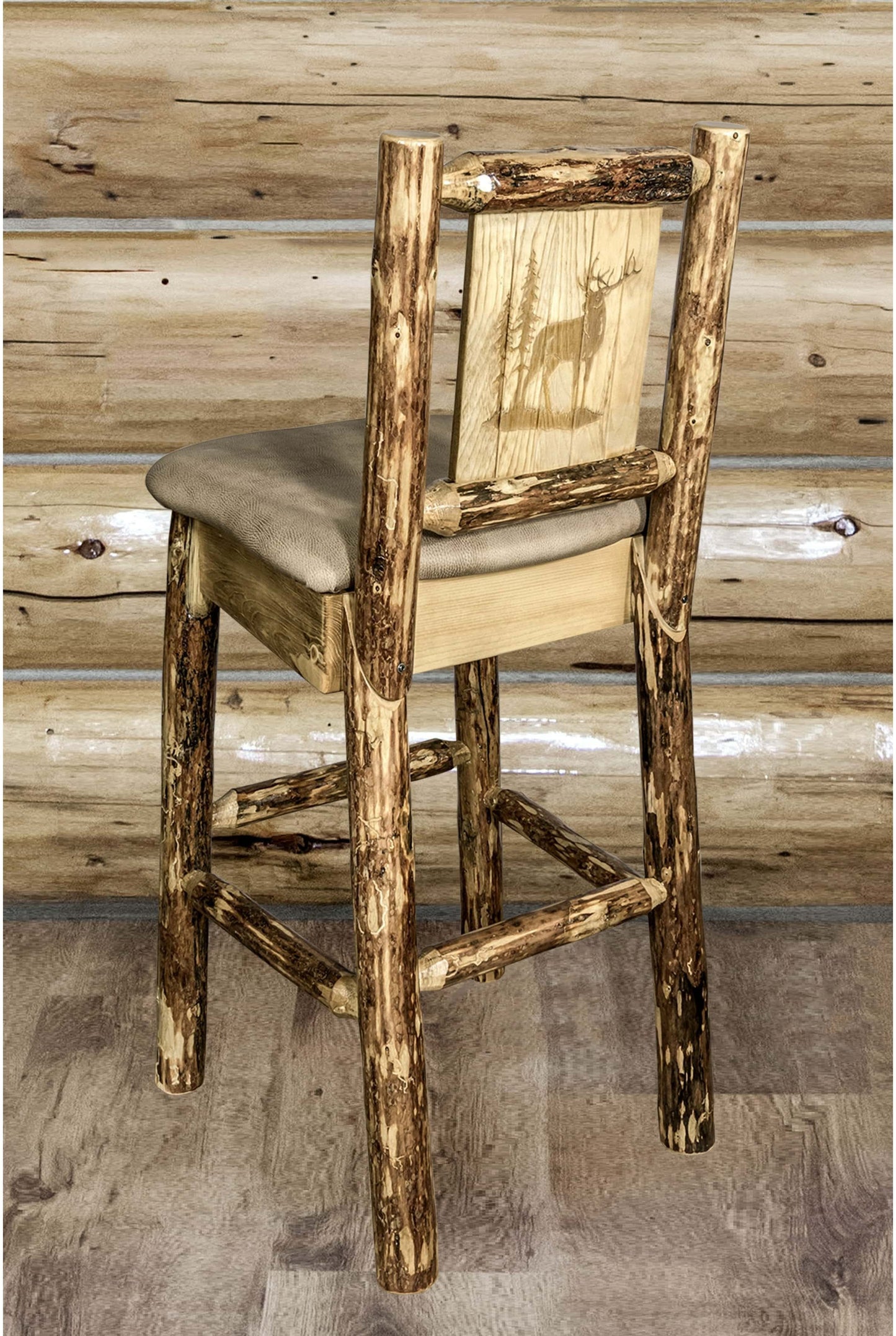 Montana Woodworks Glacier Country Kollektion Rückenunterstützter Barhocker mit Lasergravurdesign - Buckskin Polsterung