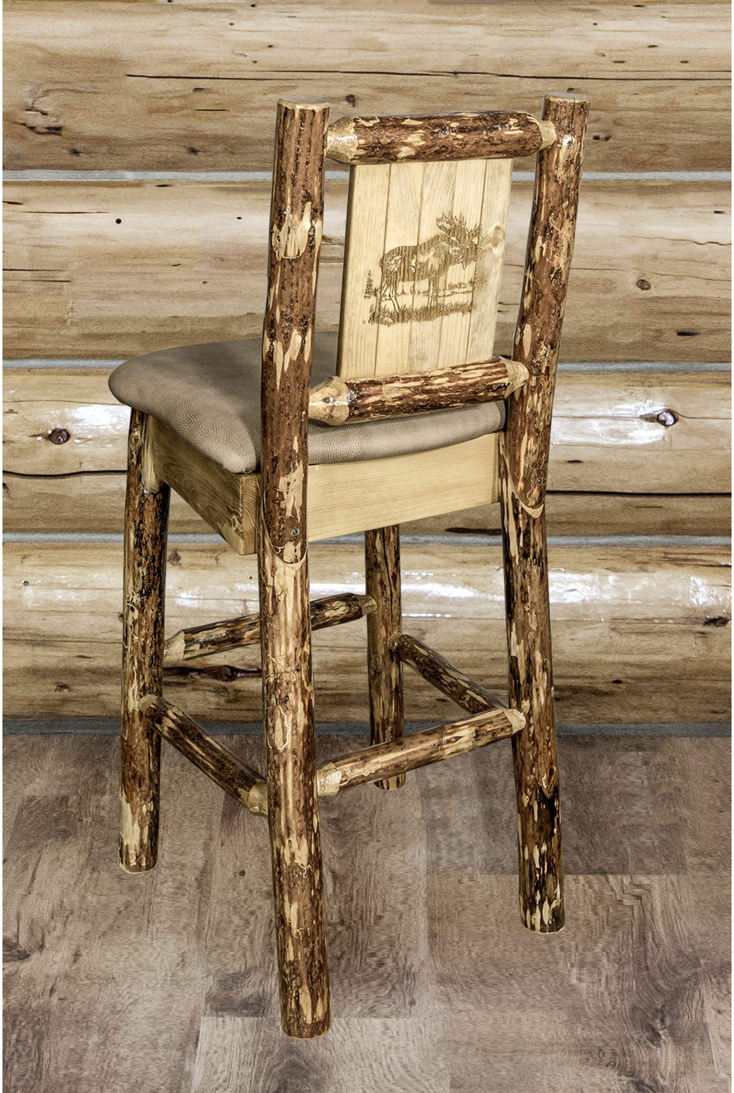 Montana Woodworks Glacier Country Kollektion Rückenunterstützter Barhocker mit Lasergravurdesign - Buckskin Polsterung