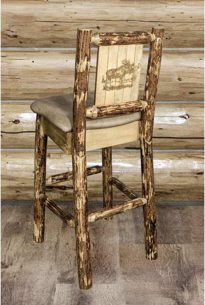 Montana Woodworks Glacier Country Kollektion Rückenunterstützter Barhocker mit Lasergravurdesign - Buckskin Polsterung