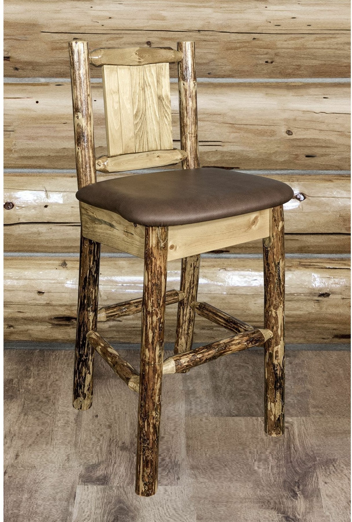 Montana Woodworks Glacier Country Kollektion Rückenunterstützter Barhocker mit Lasergravurdesign - Sattelpolsterung