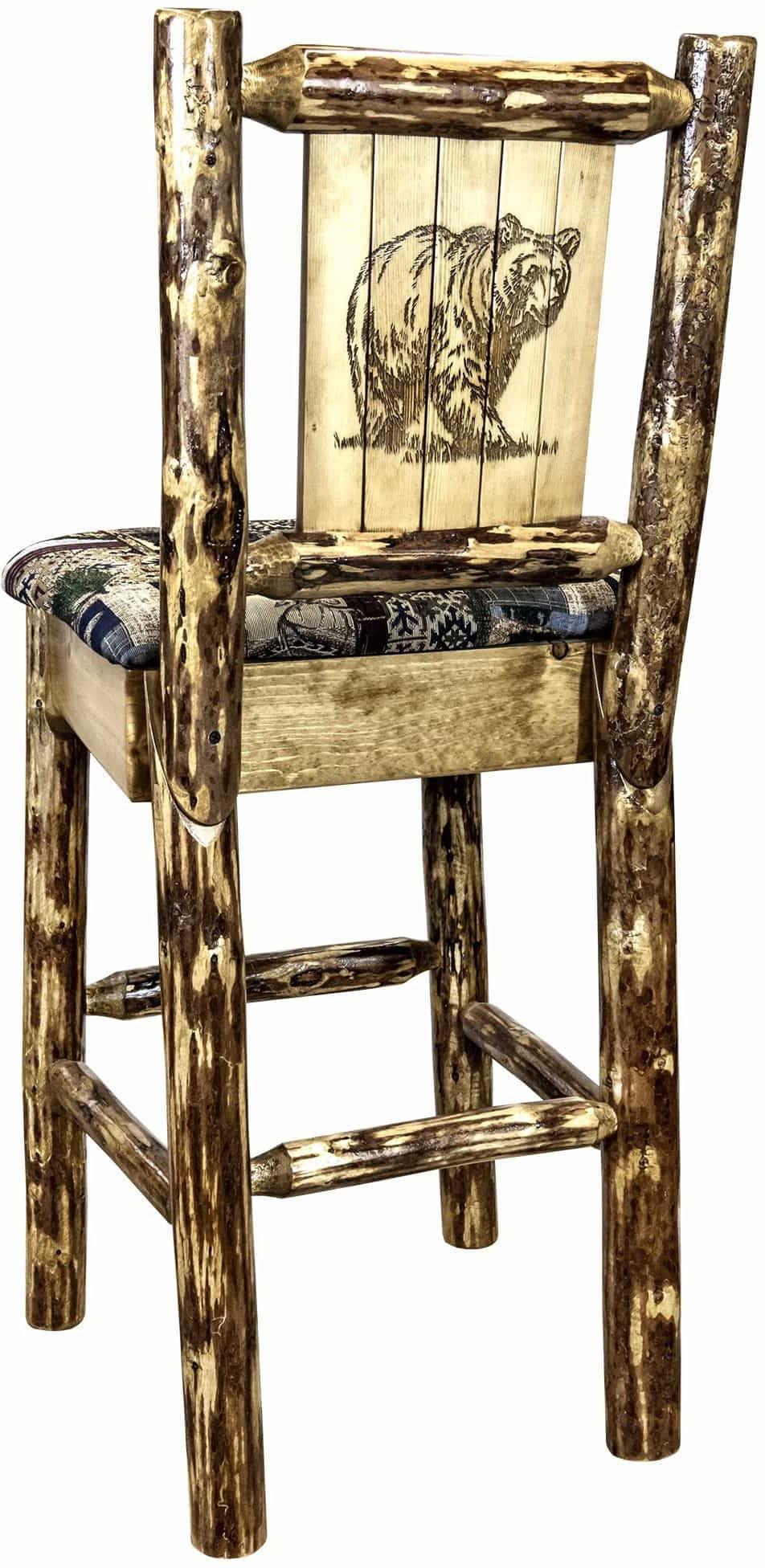 Montana Woodworks Glacier Country Kollektion Rückenunterstützter Barhocker mit Lasergravur-Design - Woodland Polsterung