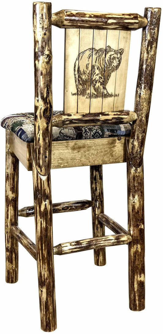 Montana Woodworks Glacier Country Kollektion Rückenunterstützter Barhocker mit Lasergravur-Design - Woodland Polsterung