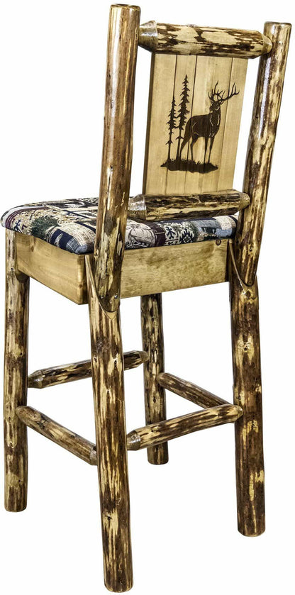 Montana Woodworks Glacier Country Kollektion Rückenunterstützter Barhocker mit Lasergravur-Design - Woodland Polsterung