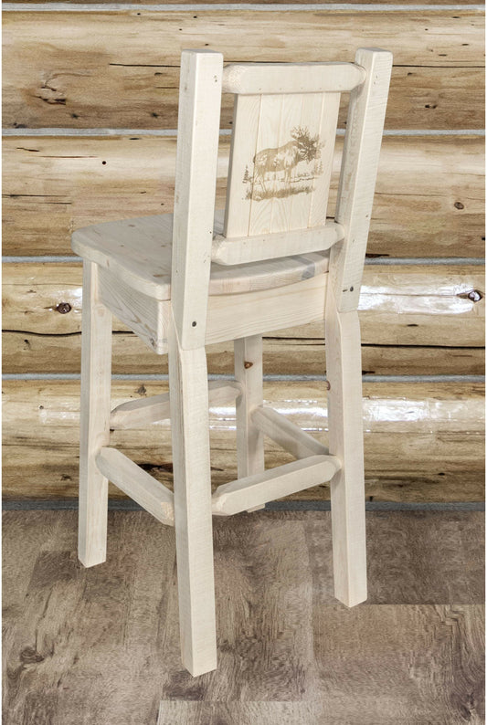Montana Woodworks Homestead Kollektion Barshocker mit Rückseite und Laser Gravur Design - Klare Lacquer Finish