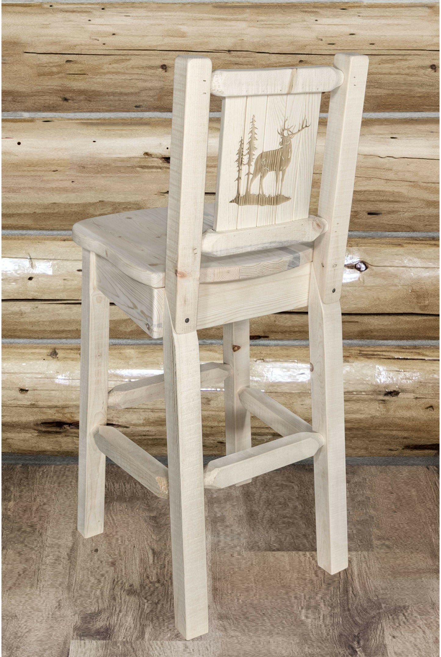 Montana Woodworks Homestead Kollektion Barshocker mit Rückseite und Laser Gravur Design - Klare Lacquer Finish
