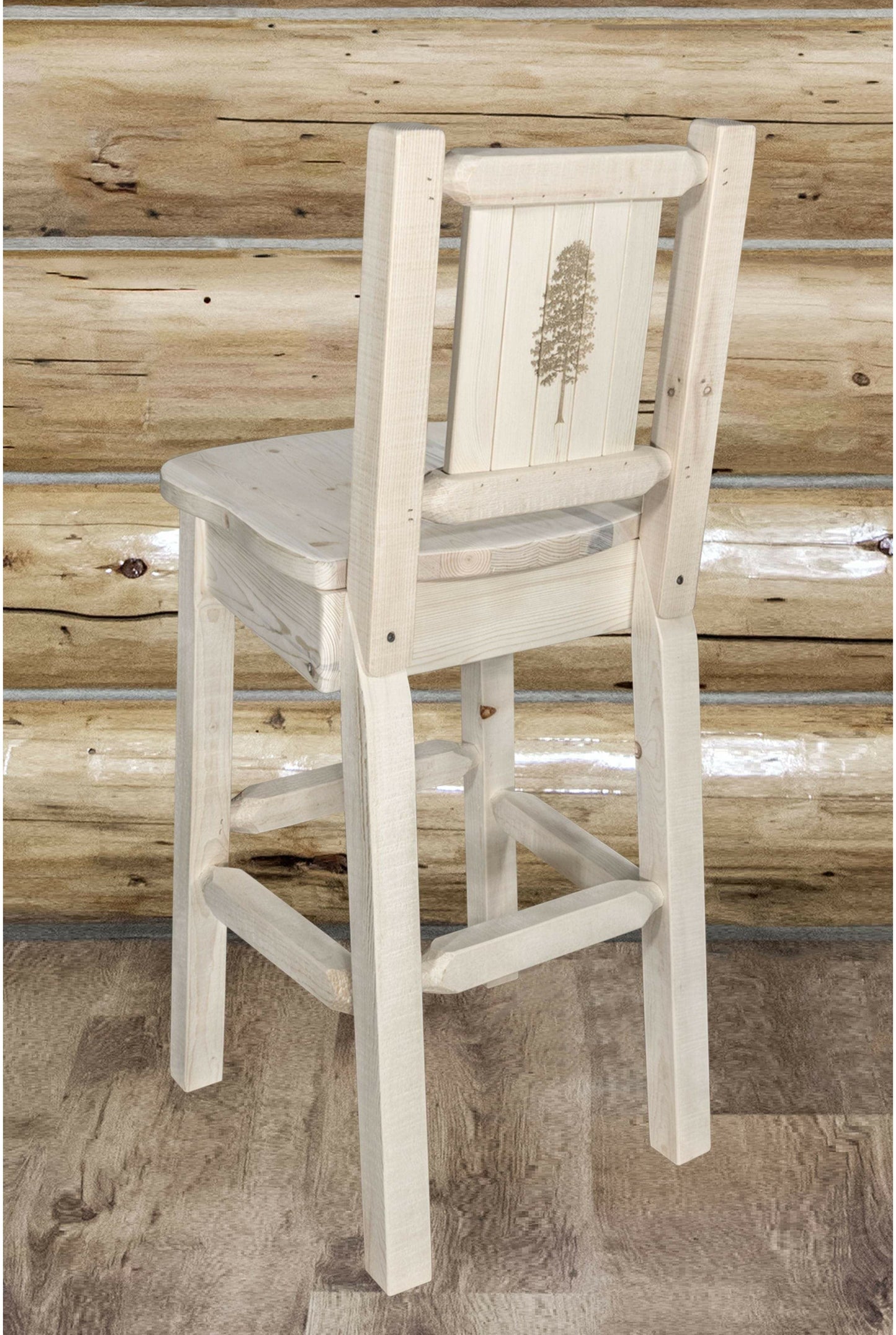 Montana Woodworks Homestead Kollektion Barshocker mit Rückseite und Laser Gravur Design - Klare Lacquer Finish