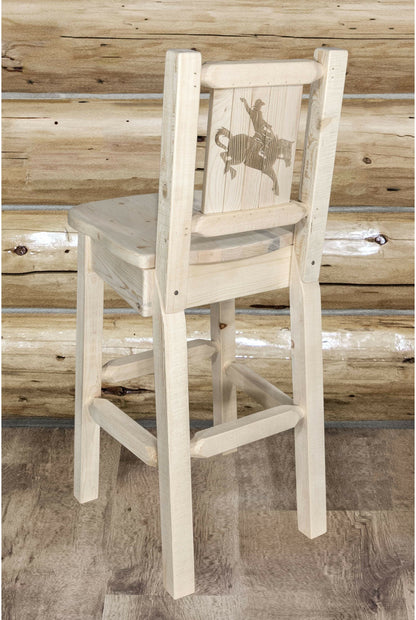 Montana Woodworks Homestead Kollektion Barshocker mit Rückseite und Laser Gravur Design - Bereit zum Abschluss