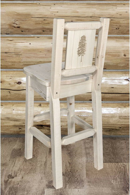 Montana Woodworks Homestead Kollektion Barshocker mit Rückseite und Laser Gravur Design - Bereit zum Abschluss