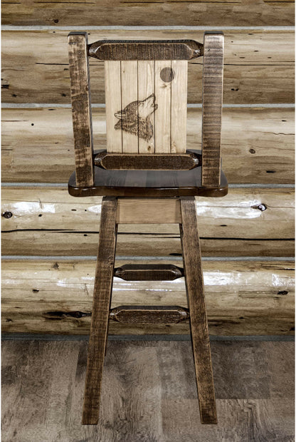 Montana Woodworks Homestead Kollektion Barshocker mit Rücken & Swivel und Laser Gravur Design - Fleck & Lacquer Finish