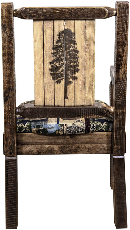 Montana Woodworks Homestead Kollektion Kapitänsstuhl Woodland Polsterung mit Lasergravur Design - Flecken & Lacquer Finish