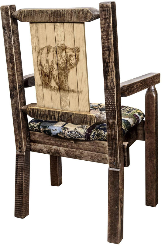 Montana Woodworks Homestead Kollektion Kapitänsstuhl Woodland Polsterung mit Lasergravur Design - Flecken & Lacquer Finish