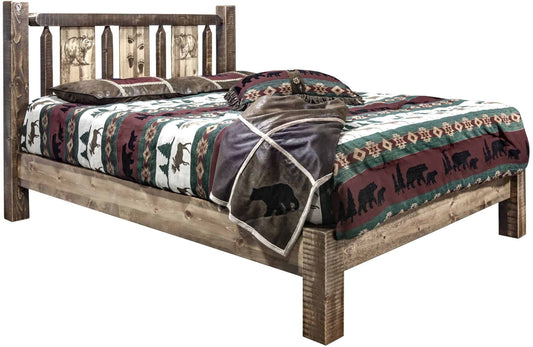 Montana Woodworks Homestead Kollektion King Platform Bett mit Lasergravur Design - Flecken & Klare Lacquer Finish