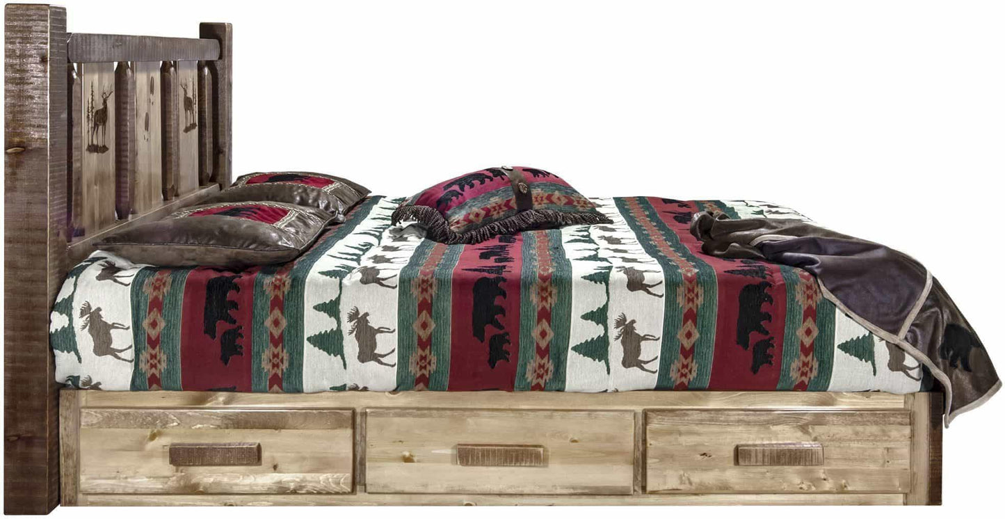 Montana Woodworks Homestead Kollektion Queen Storage Platform Bett mit Lasergravur Design - Flecken & Klare Lacquer Finish