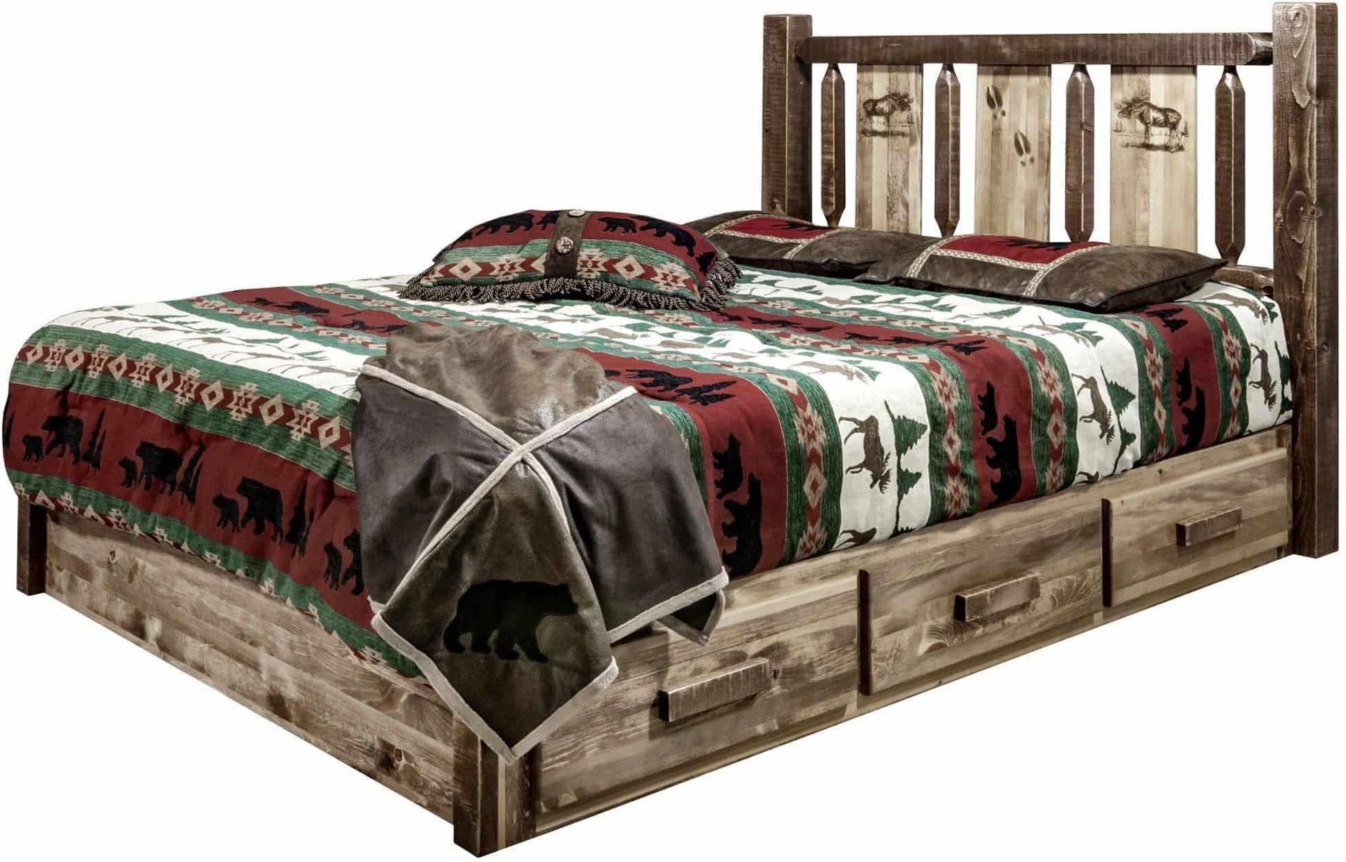 Montana Woodworks Homestead Kollektion Queen Storage Platform Bett mit Lasergravur Design - Flecken & Klare Lacquer Finish