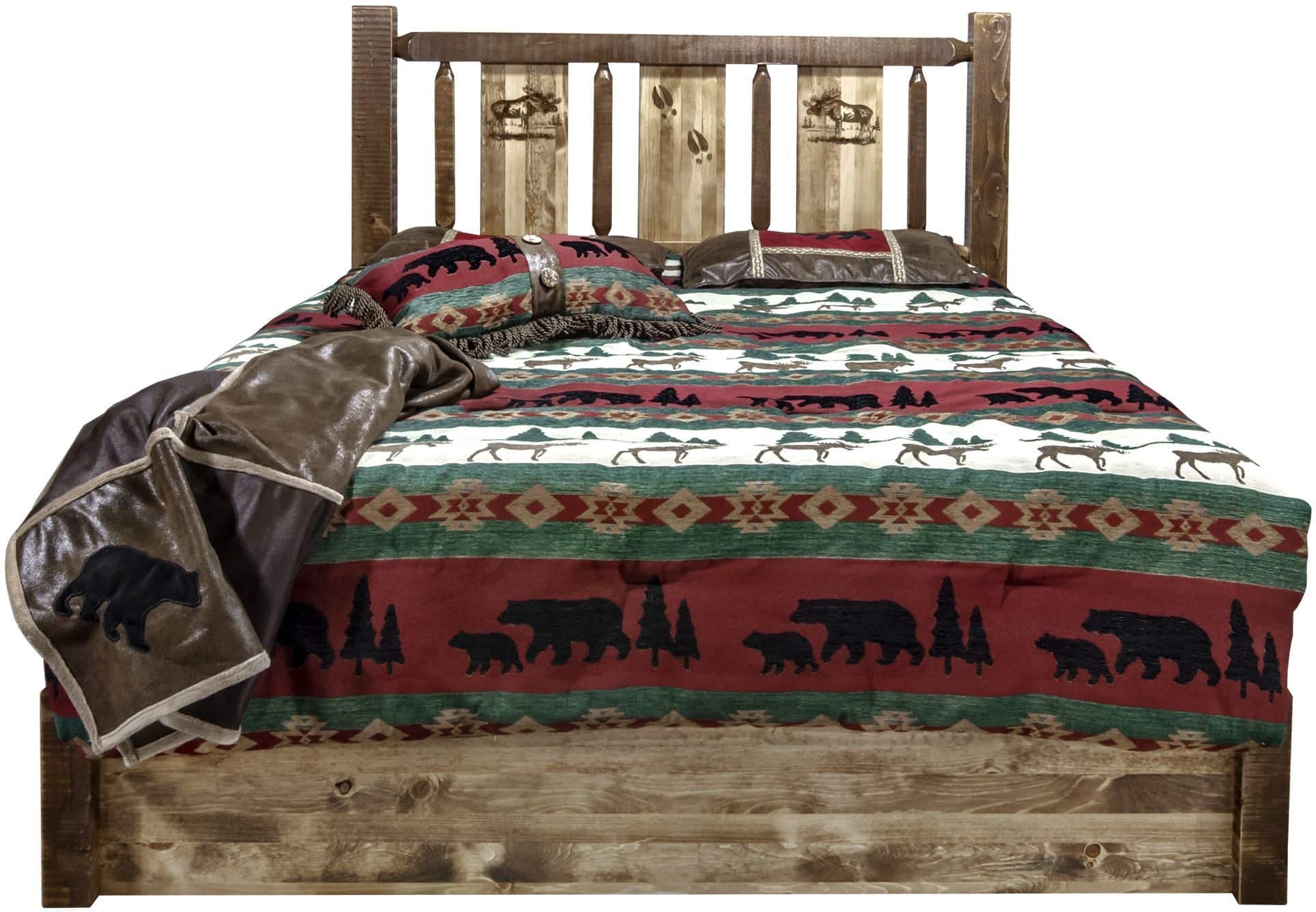 Montana Woodworks Homestead Kollektion Queen Storage Platform Bett mit Lasergravur Design - Flecken & Klare Lacquer Finish
