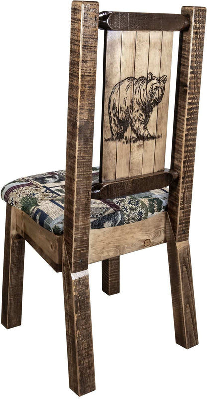 Montana Woodworks Homestead Kollektion Beinstuhl Woodland Polsterung mit Lasergravur Design