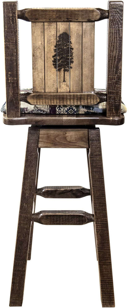 Montana Woodworks Homestead Kollektion Woodland Pattern Polsterung Barshocker mit Rücken & Swivel und Laser Gravur - Fleck & Lacquer Finish