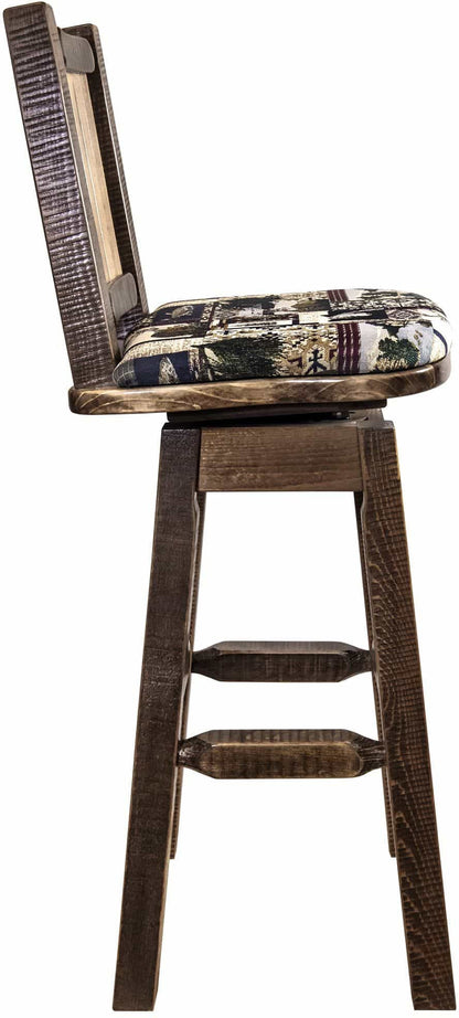 Montana Woodworks Homestead Kollektion Woodland Pattern Polsterung Barshocker mit Rücken & Swivel und Laser Gravur - Fleck & Lacquer Finish