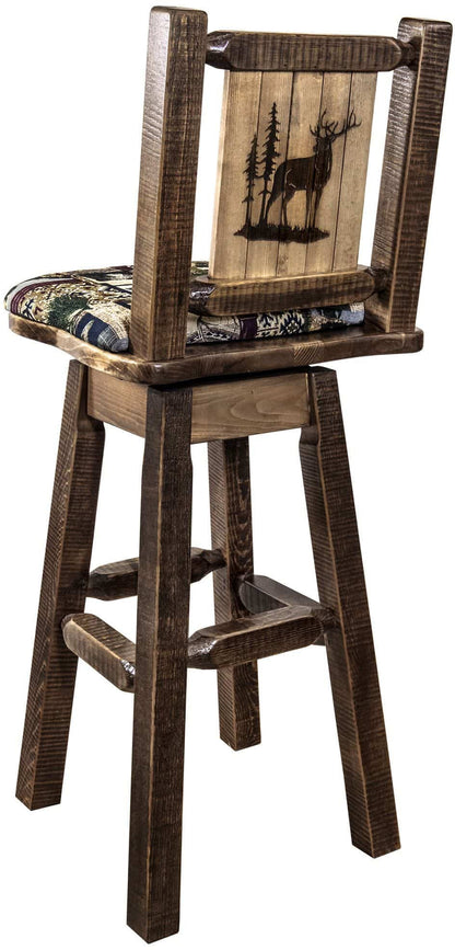 Montana Woodworks Homestead Kollektion Woodland Pattern Polsterung Barshocker mit Rücken & Swivel und Laser Gravur - Fleck & Lacquer Finish