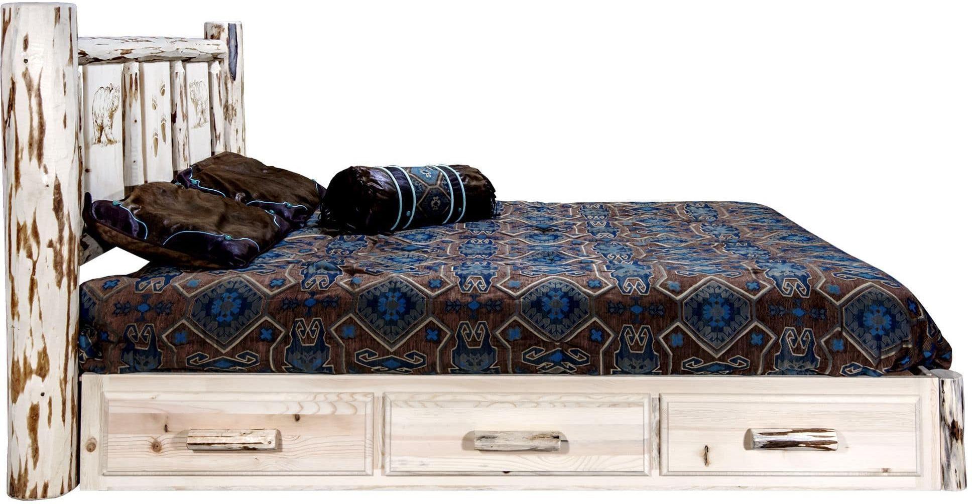 Montana Woodworks Montana Kollektion Twin Storage Platform Bett mit Lasergravur Design - Klare Lacquer Finish