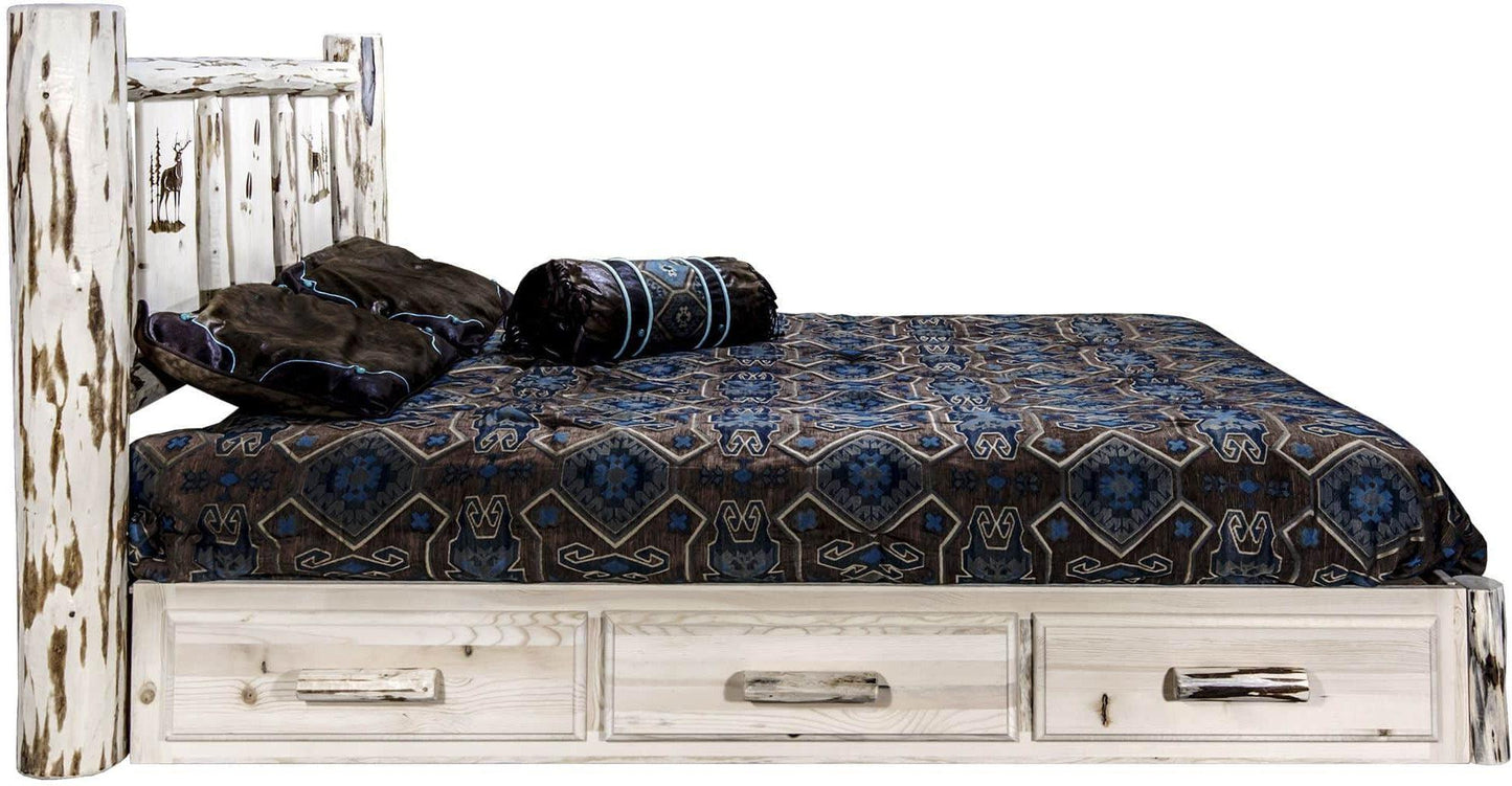 Montana Woodworks Montana Kollektion Twin Storage Platform Bett mit Lasergravur Design - Klare Lacquer Finish